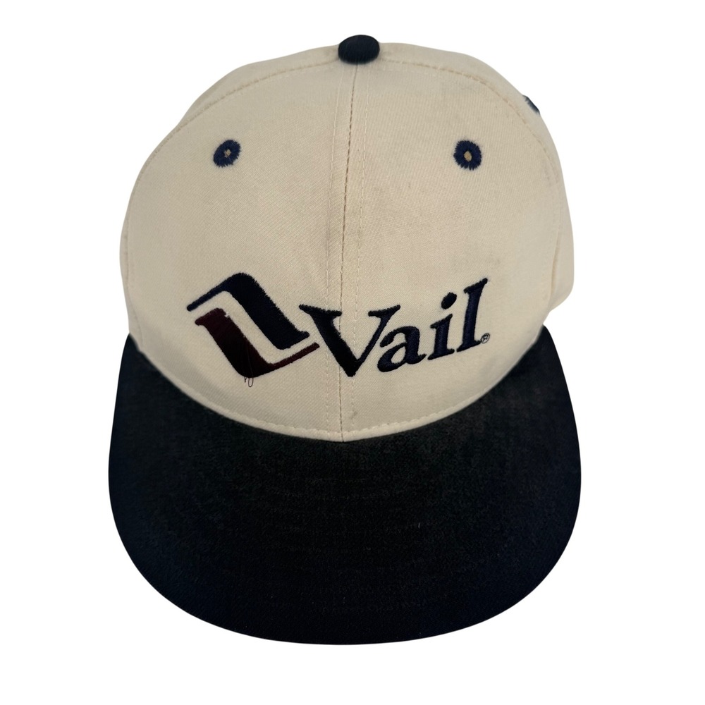 Vintage 90s New Era 5950 Vail Ski Resort Fitted Hat 6 7/8 Wool Cream Black USA